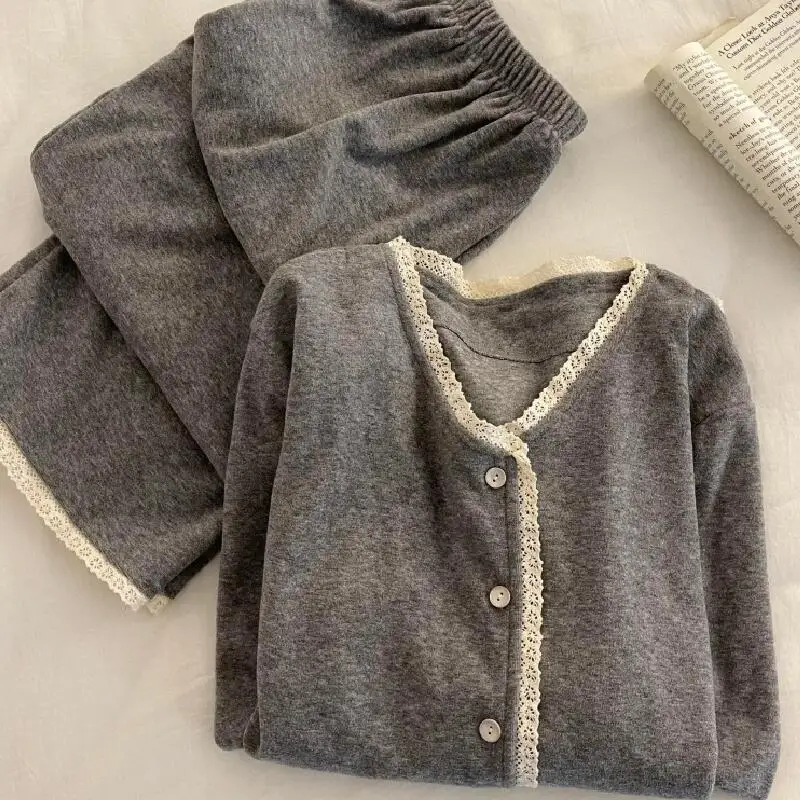 Japanese Girls Sweet Laces Pajamas Autumn and Winter New Comfortable Skin Friendly Long Sleeved Pants Home Suit Set Fashions