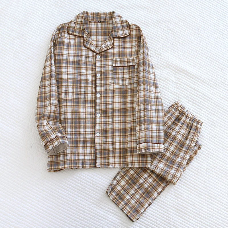 2024 Spring Autumn Men Casual Plaid Pajama Sets Male 100% Cotton Sleepwear Suit Long Sleeve Turn-down Collar Shirt & Pants