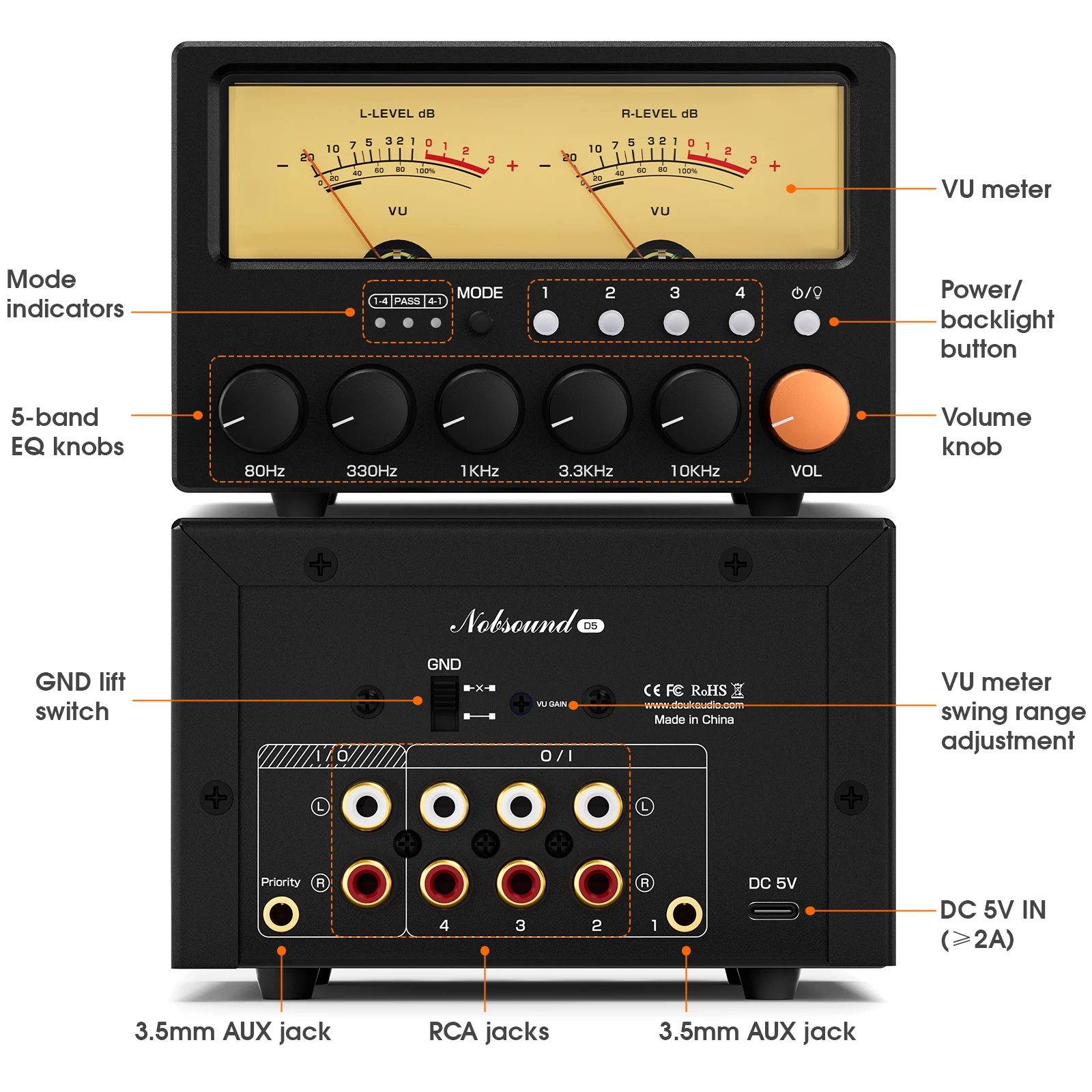 Nobsound D5 ستيريو 5-Band EQ Preamp التعادل 1-IN-4-OUT / 4-IN-1-OUT محدد الصوت مع مقياس VU الرجعية