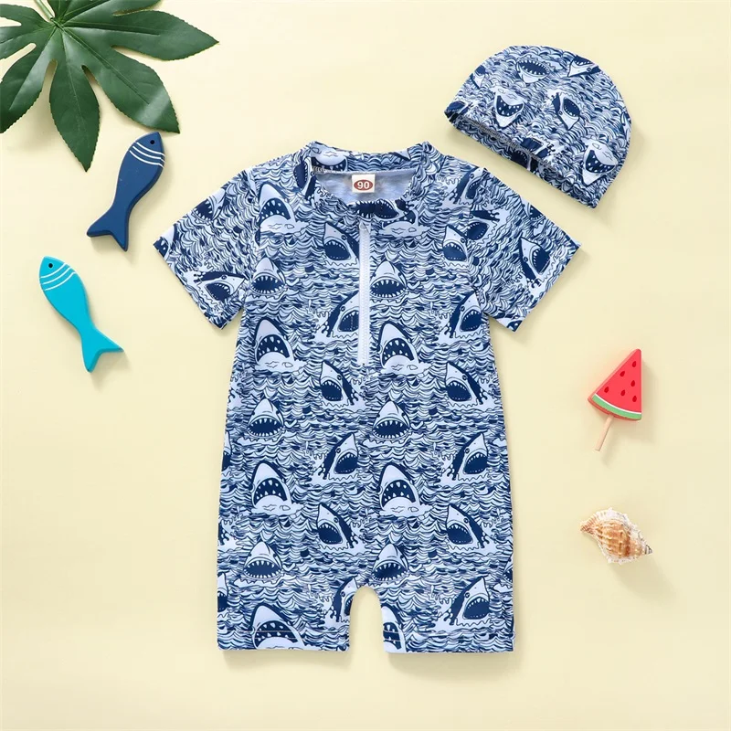 Toddler Baby Boy Rash Guard Swimsuit Shark Bathing Suit With Hat Short Sleeve Zip Up Summer  Swim Romper