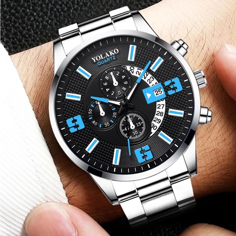 Luxury Mens Watches Fashion SilverStainless Steel Quartz Wrist Watch Calendar Clock Men Business Casual Mesh Belt Leather Watch