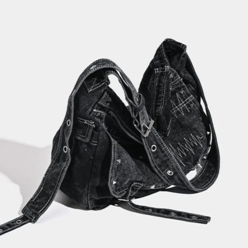 Retro Denim Black Large Capacity Tote Bag Wallet Women Washed Casual Crossbody Bags Female Vintage Canvas Bag Y2k Handbag 2025 image 4
