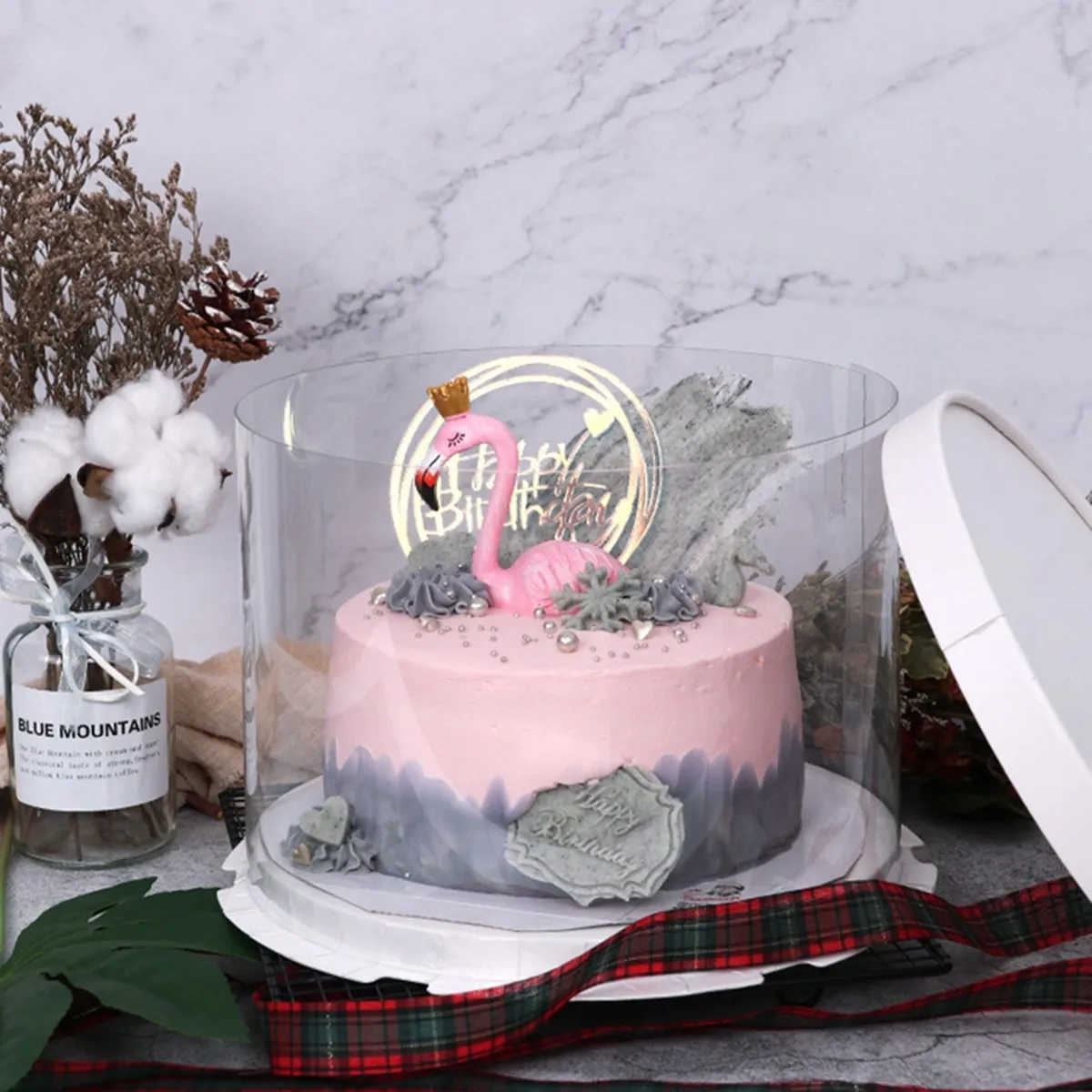 Round Cake Box Transparent Clear Center White Bottom Eco-Friendly Pet Paperboard Easy Assemble Cake Packaging Bakery Shop