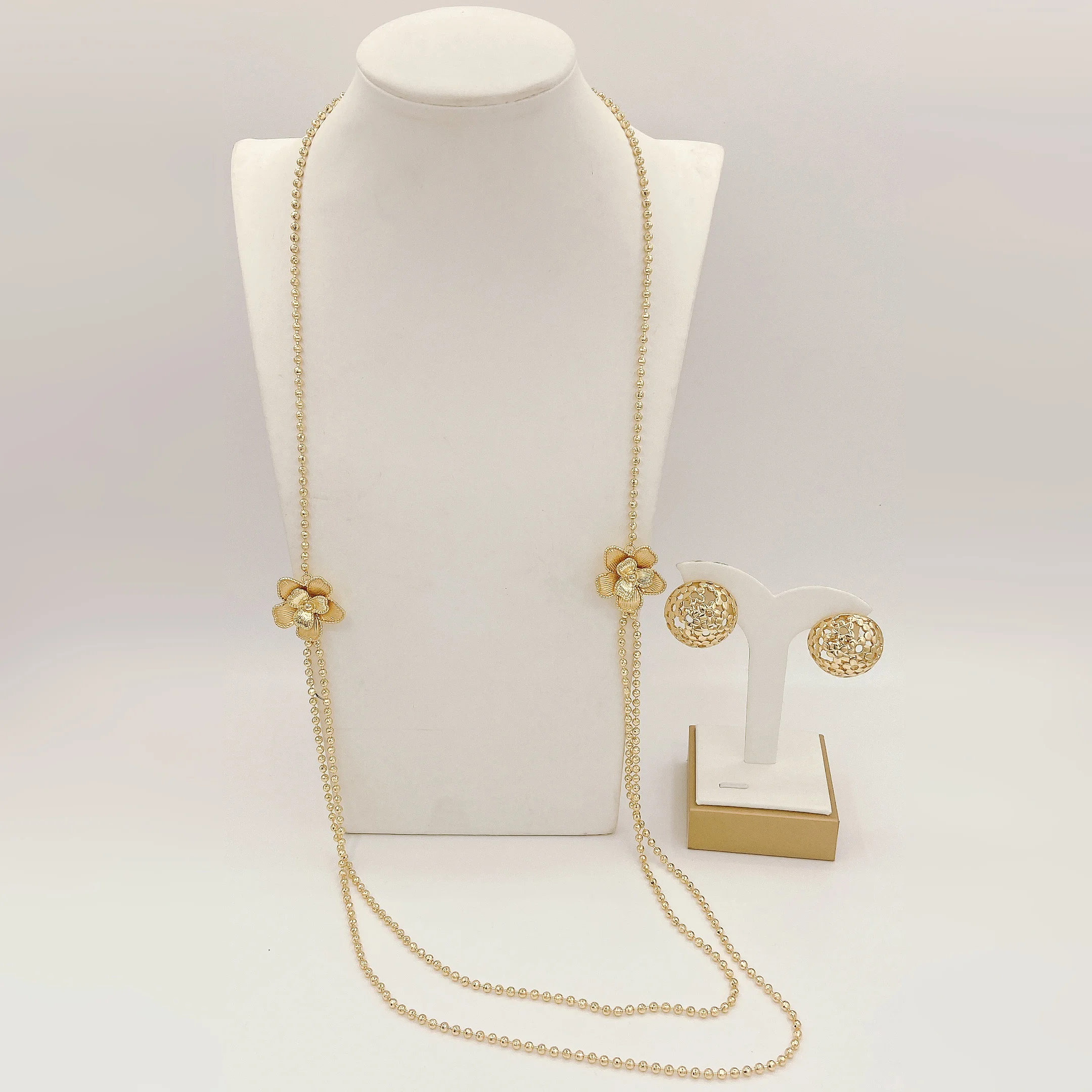 

Yulaili Gold Plated Long Chian Flower Beads Necklace Earrings Jewelry Set for Women Unique Accessories for Daily Party Banquet