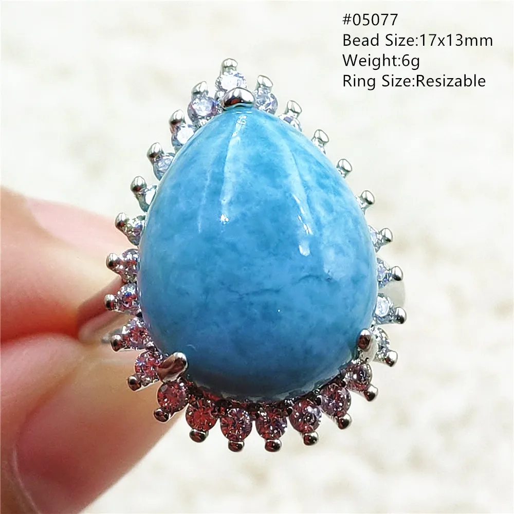 Natural Blue Larimar Adjustable Ring 925 Sterling Silver Larimar Gemstone Women Men Water Pattern AAAAA