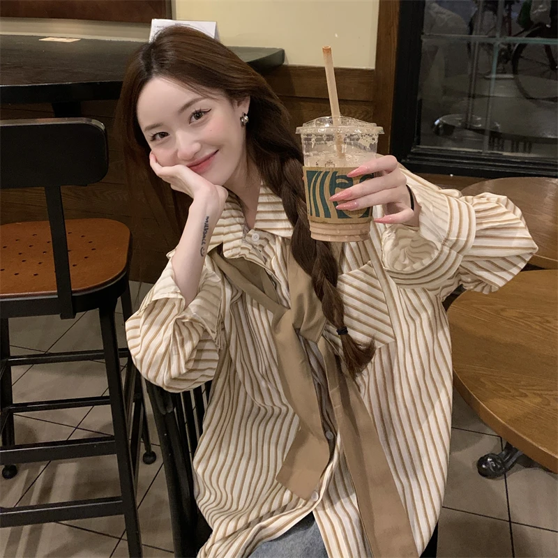 

Женская полосатая рубашка с длинными рукавами, осенняя блузка, шаль в японском стиле, две свободные темпераментные рубашки, повседневный женский топ