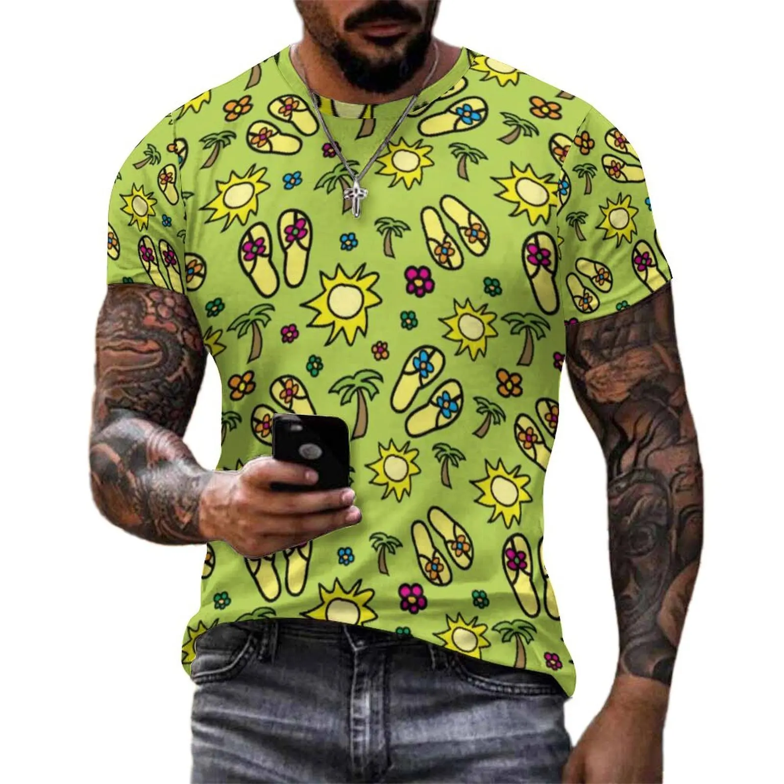 Men Bright Vacation T-Shirt Flip Flops Palm Tree Retro T Shirts Short Sleeve Design Tops Cheap Summer Awesome Plus Size Top Tees
