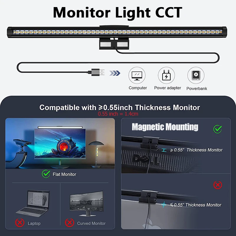 Eye-Care Computer Monitor Light 44cm Aluminum Knob Remote Table LED Task Lamp USB Magnetic Light No Glare Office Desk Lamp