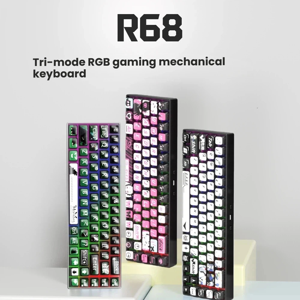 

Механическая клавиатура R68 с динамической RGB-подсветкой, 68-клавишным трехрежимным подключением Bluetooth, полная раскладка клавиш с возможностью горячей замены