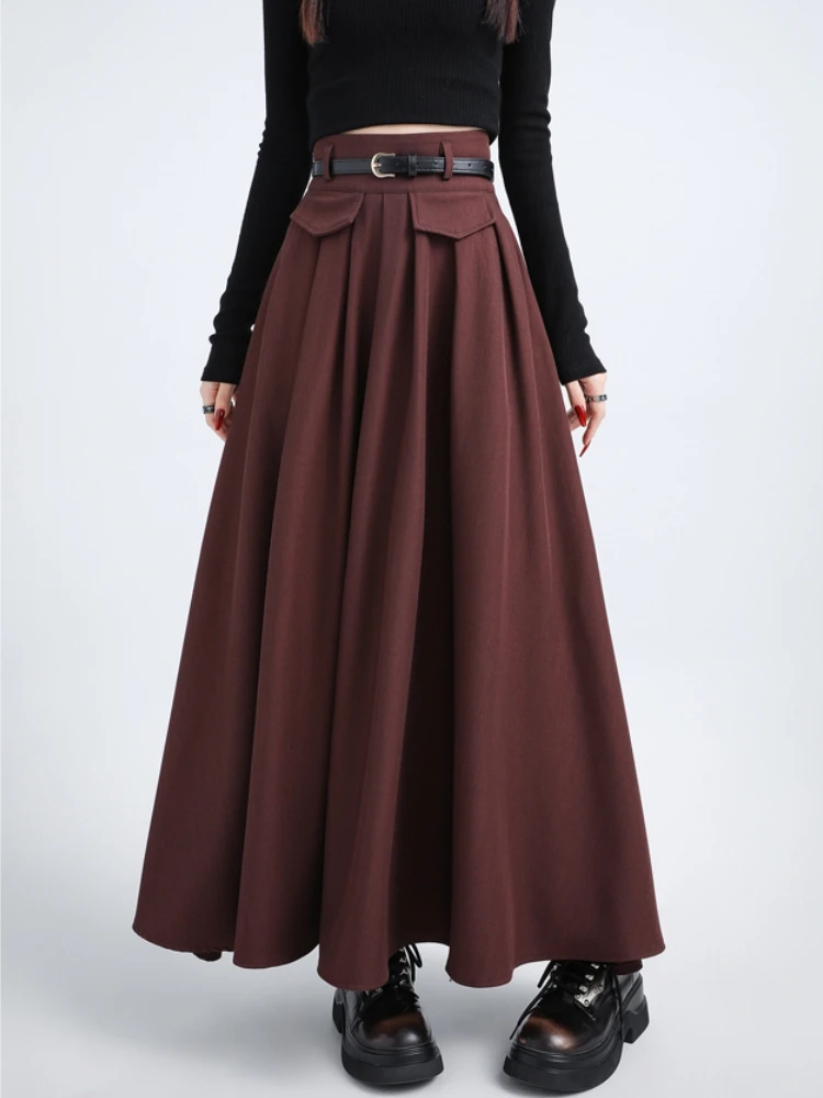 

Angela Red Maxi Long Skirts Women 2024 Autumn Winter Suit Skirt Goth Lolita High Waist Ruffle Pleated Skirts With Belt