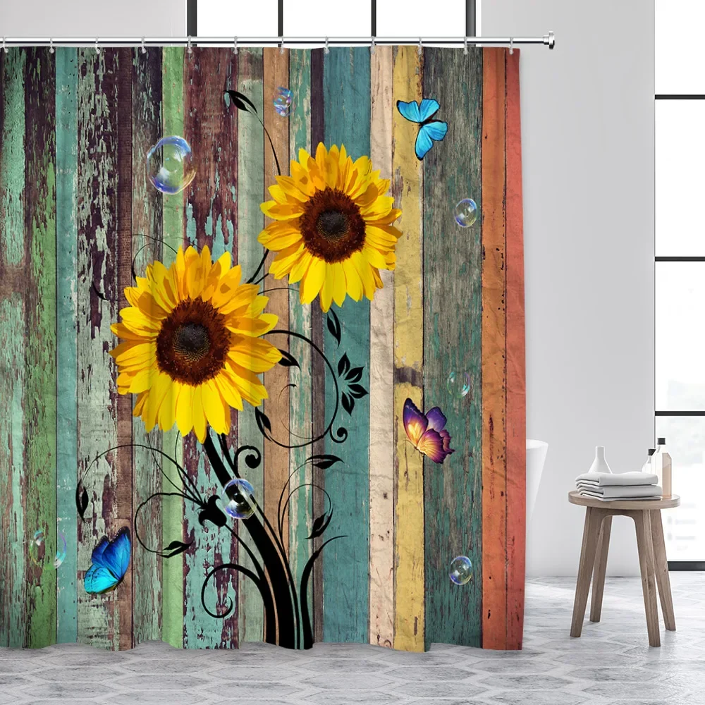 Sunflower Shower Curtain Natural Floral Butterfly Rustic Vintage Shabby Wood Board Flower Print Fabric Bathroom Decor with Hooks