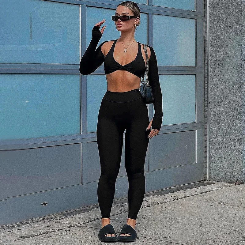 

Women Solid Slim Yoga 3 Piece Sets Sexy Twist Halter Bra Top Gloves Long Sleeve Cape High Waist Skinny Pants Casual Sport Suits