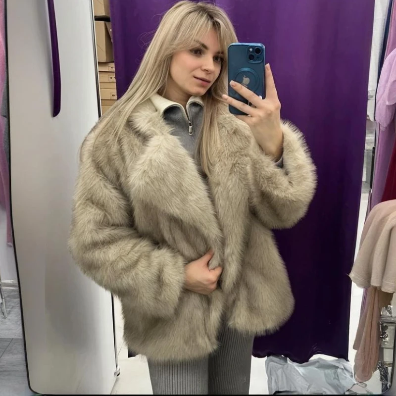 TARUXY Faux Fur Lapel Coat Woman Fashion Pocket Loose Long Sleeve Elegant Plush Coat 2025 Winter New Daily Commuting Party Wear