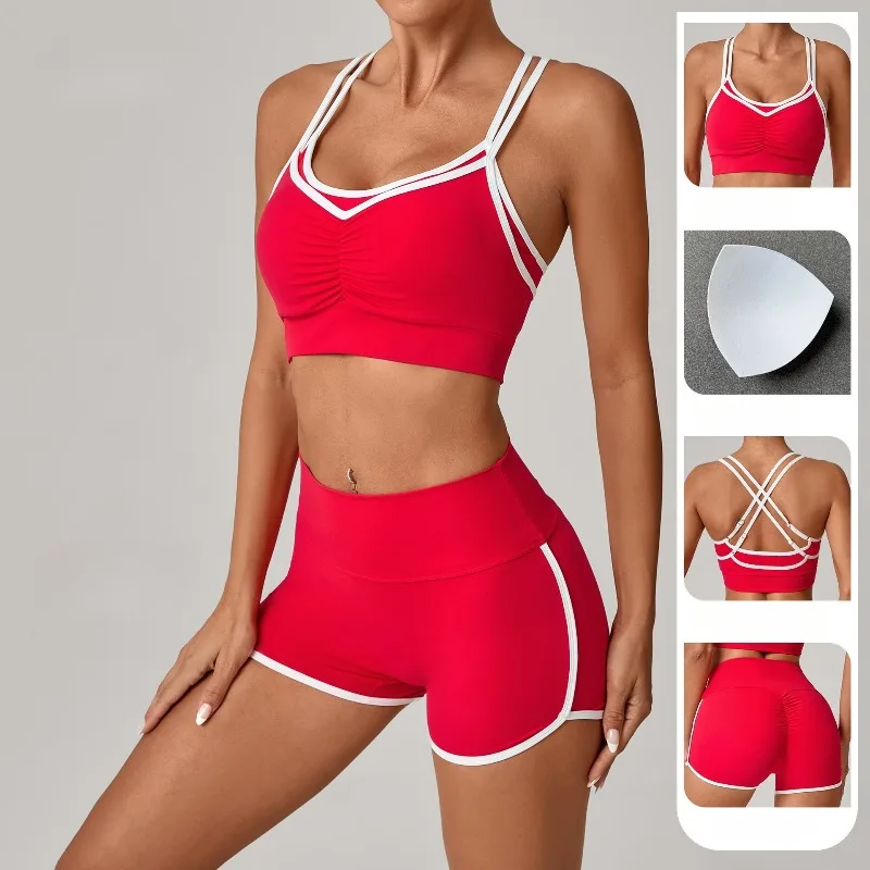 

Women's Yoga Set Color-Block Sports Bra Hip-Lifting Shorts Two-Piece Set Color-Block Tight-Fitting Running Fitness Yoga Set