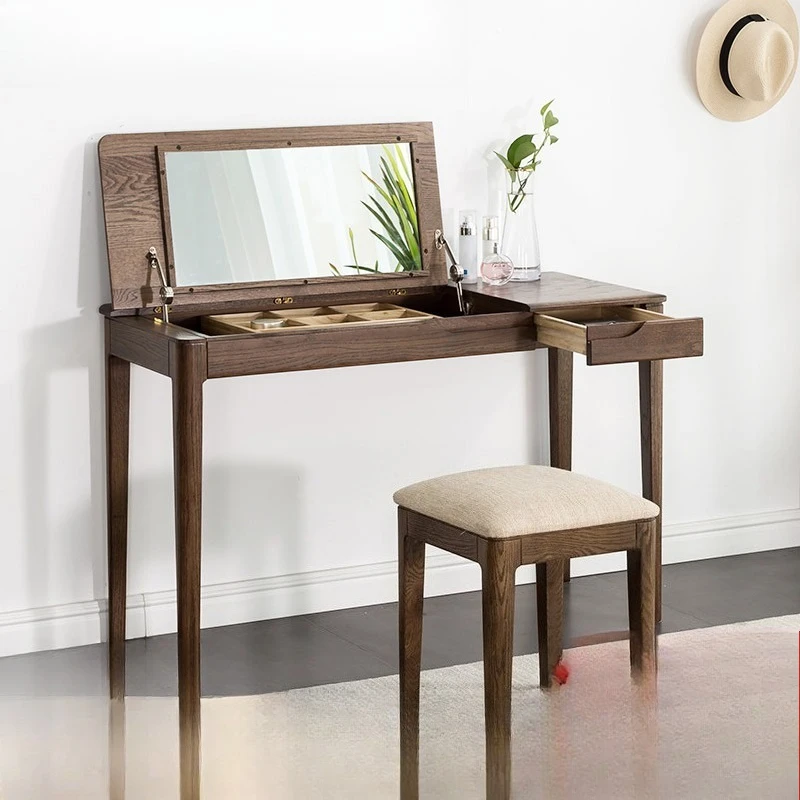 Solid Wood Dressing Table, Walnut Color Modern Minimalist Makeup Desk, Red Oak Flip Top Vanity for Bedroom Furniture