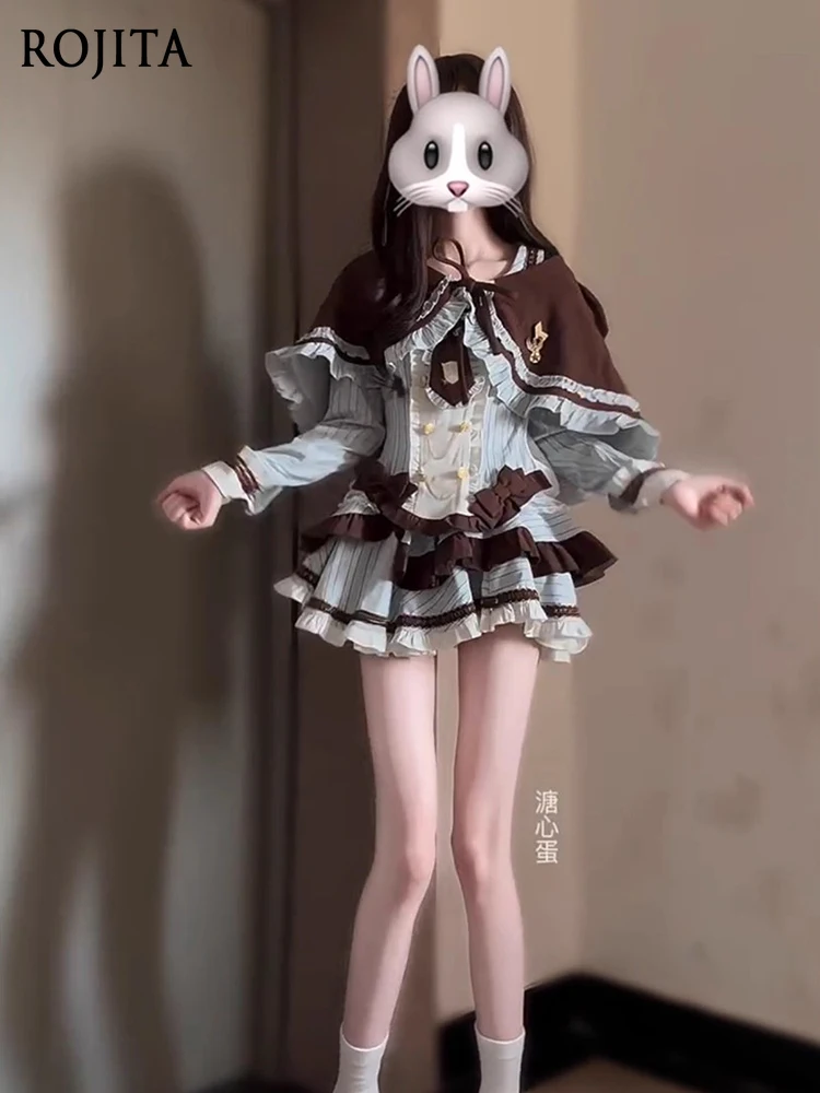 

Sweet and Cute Caramel Girl Style Bowknot Top Cape Patchwork Slim Skirt Three-Piece Set Women Outfits Top + Cape + Skirt