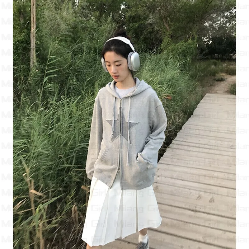 Patchwork Stars design zip up Hoodie Women Harajuku Vintage Gray Sweatshirt Japanese Loose Unisex Long Sleeve Cardigan Clothes