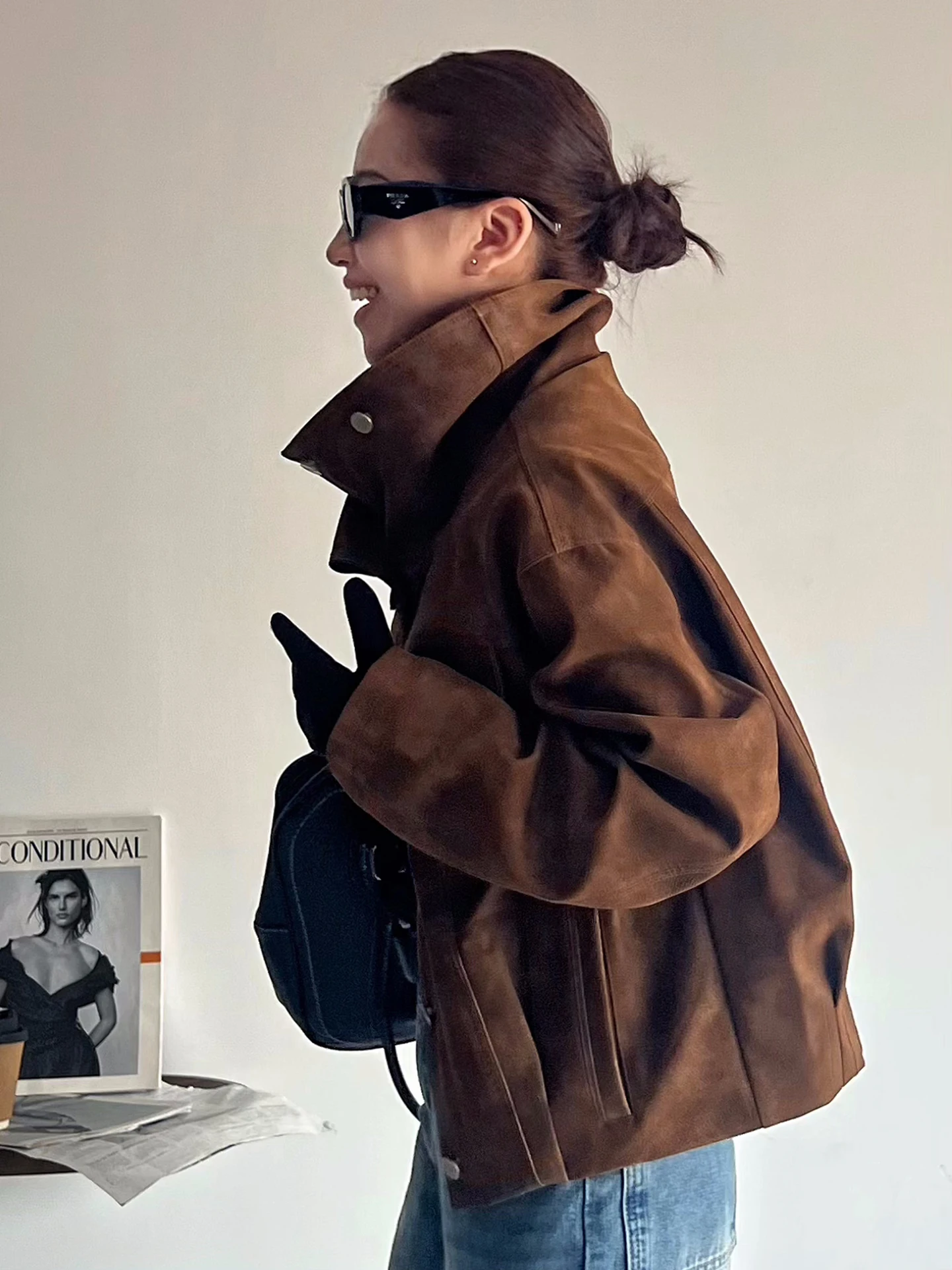 Cé Brown Retro Collar Jaet Damska kurtka zamszowa w rozmiarze ort, luźny krój, materiał poliestrowy, jesienno-zimowy płaszcz damski