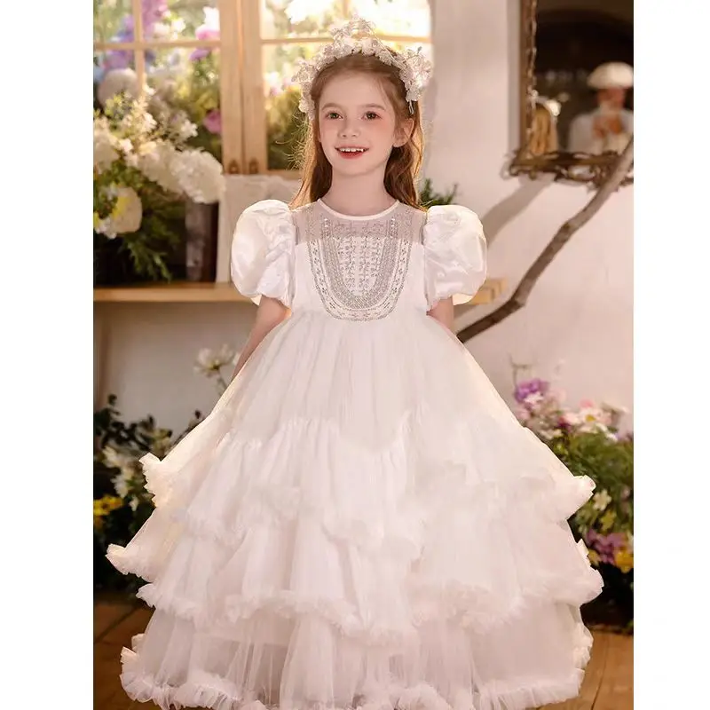 Jill Wish J004 robe de fille de fleur blanche élégante dentelle gonflée princesse enfants longueur de thé mariage 1er anniversaire robe de bal de fête de concours