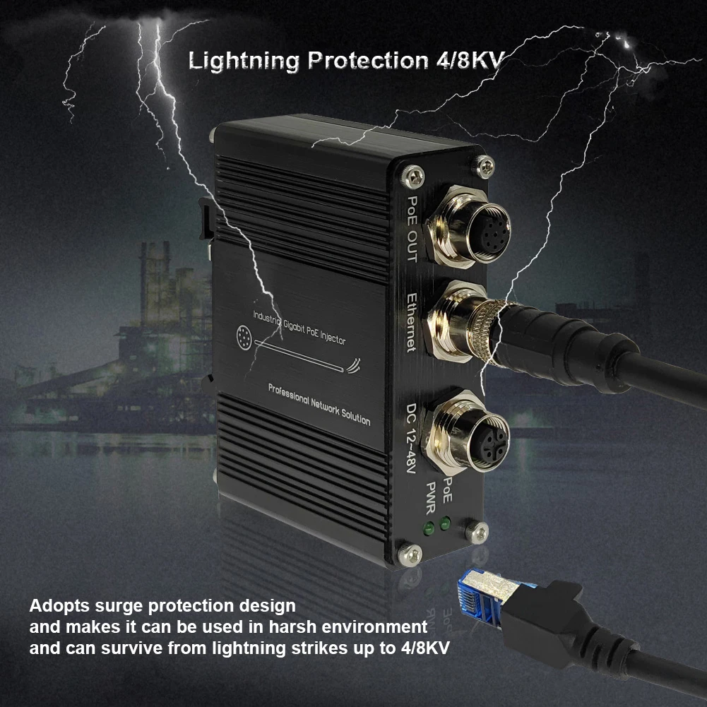 産業用ギガビット PoE インジェクター 12 ～ 48VDC Din レール イーサネット アダプター IEEE802.3af/at/bt IP40