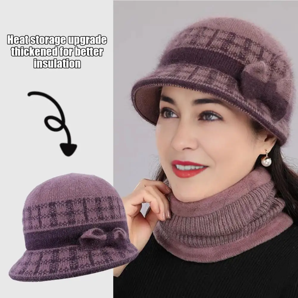 Elegant Autumn Winter Hat Ladies Bucket Hat Ladies Winter Bucket Hat with Bow Fleece Lined Plaid Cloche Warm Knit for Women