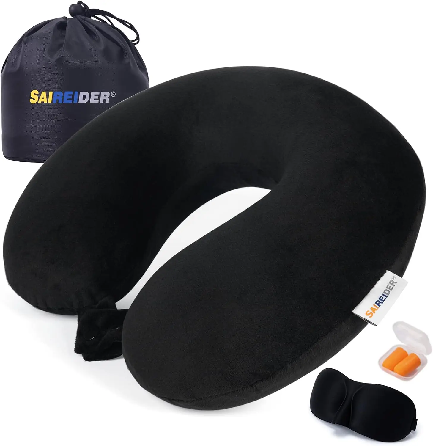 

Memory Foam Travel Neck Pillow with Adjustable Support, Storage Bag, Sleep Mask & Earplugs - Black
