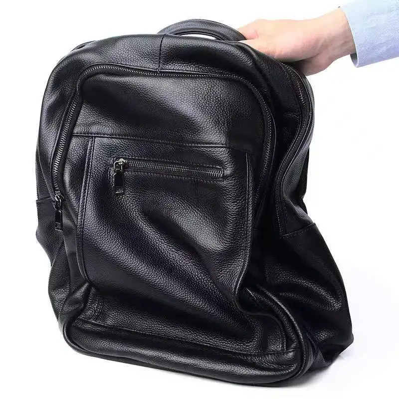 Mochila grande de cuero genuino para hombre, bolso de viaje de cuero de vaca negro para niños, bolso de hombro de colegio diario informal