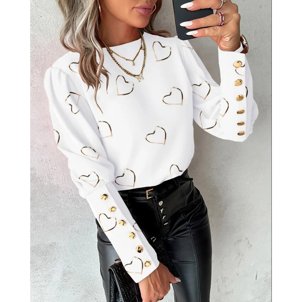 

2024 Spring Heart Print Buttoned Decor Blouse Gigot Sleeve Casual Top for Women Fashion Femme Round Neck T Shirts Streetwear