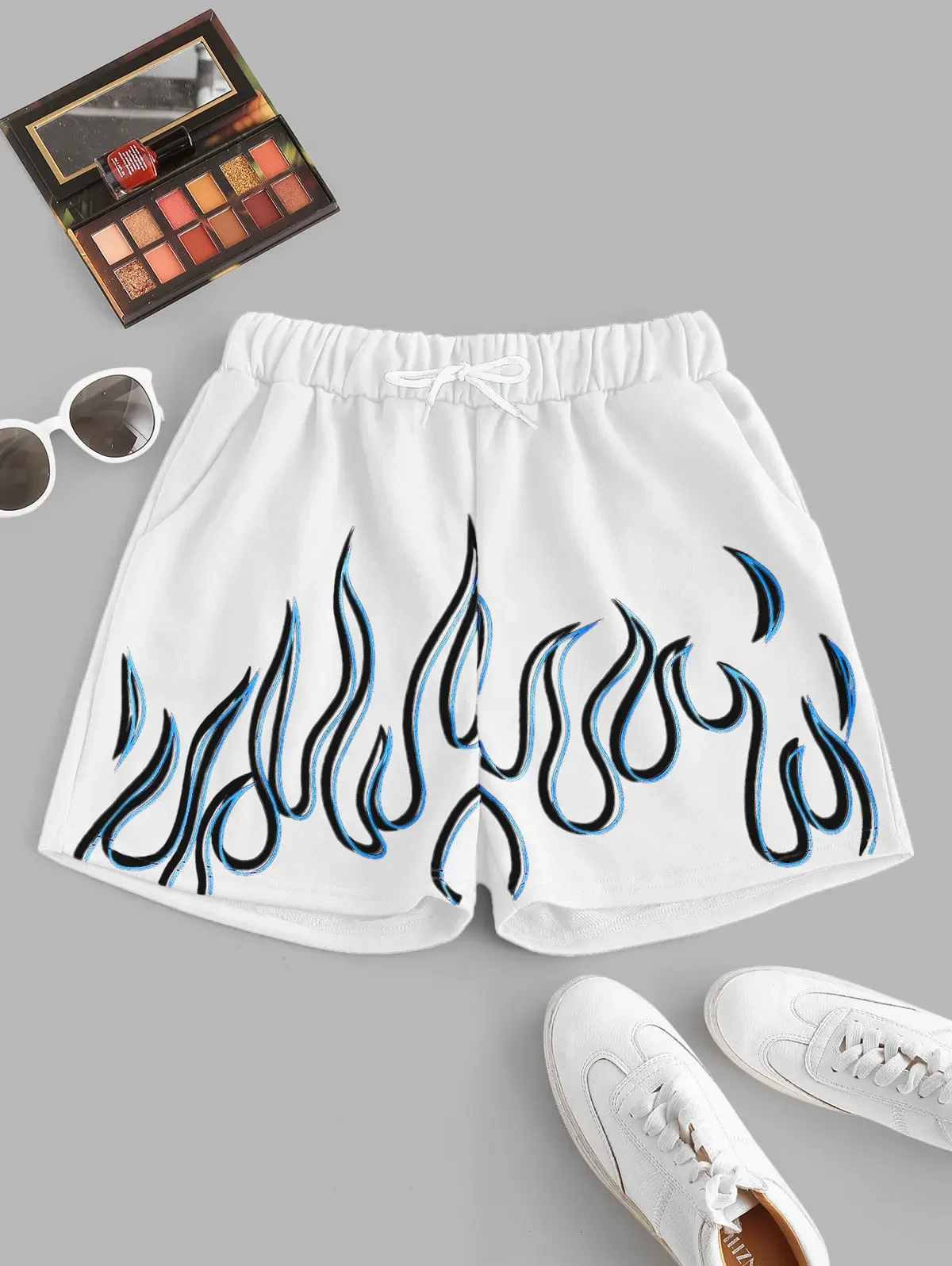 Flame Print Shorts, Drawstring Elastic Waist Casual Shorts For Spring & Summer, Women\'s Clothing