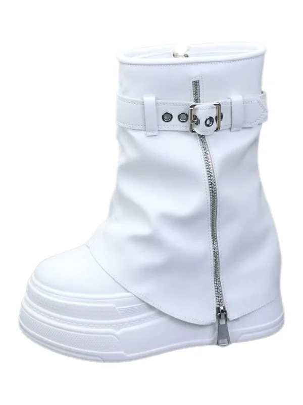 Women's 12cm Hidden Heel Knee-High Boots Ultra High Thick Sole White Sneakers Zipper Closure Big Size Slimming Tall Elevating