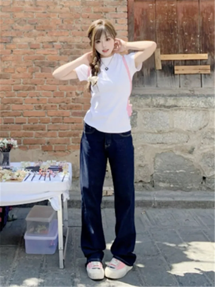 

American Style Vintage Deep Blue Slim Straight Leg Jeans Women's High Waist Lengthened Pants Autumn Season Fashion plus Size