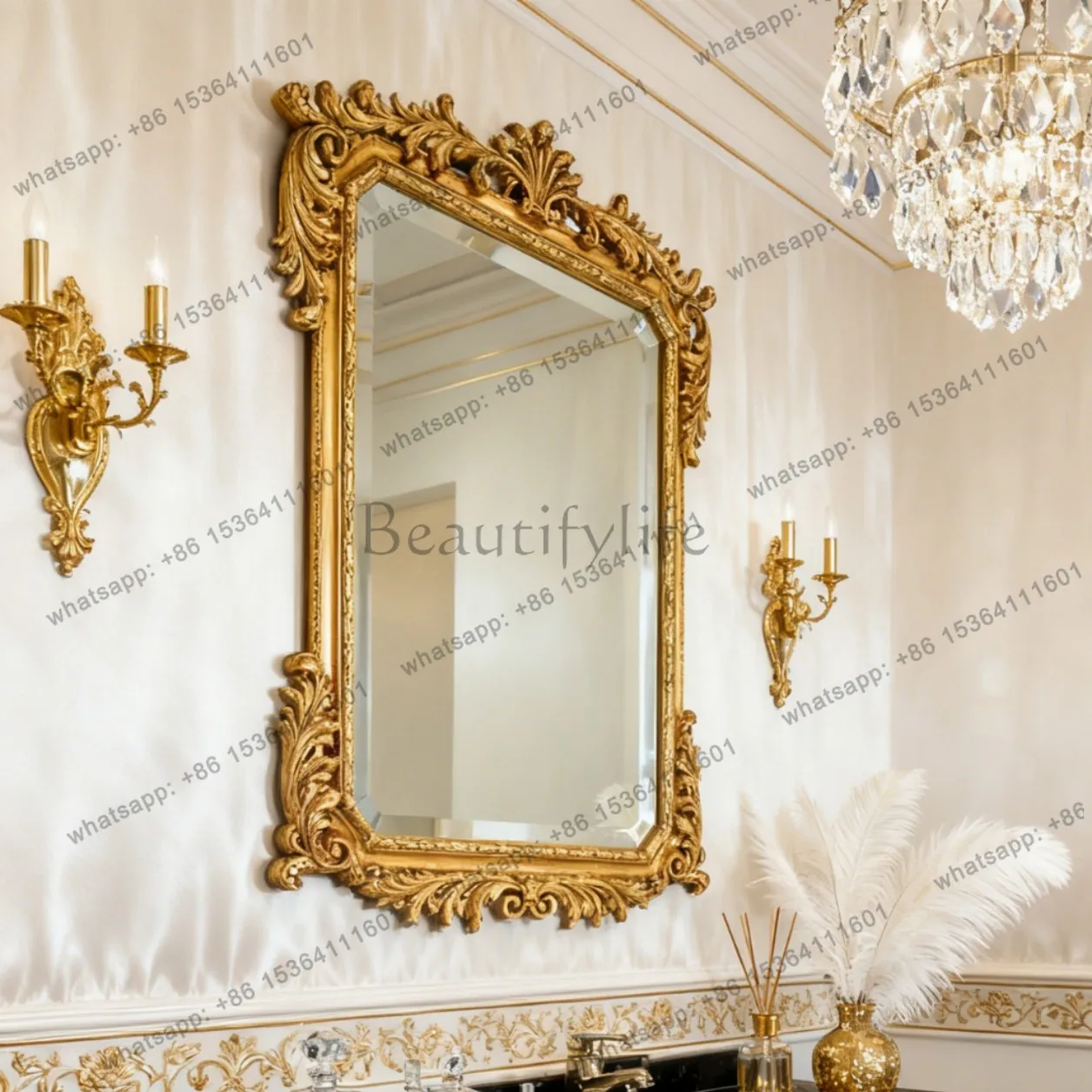 European style light luxury square carved border hanging wall mirror French retro court style decorative mirror