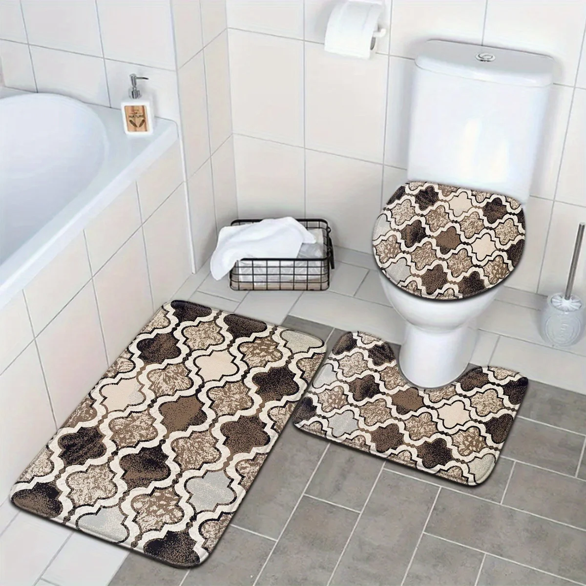 

3pcs European Vintage Series Khaki Irregular Pattern Bathroom Mat Set Toilet Seat Cover U-Shaped Foot Mat