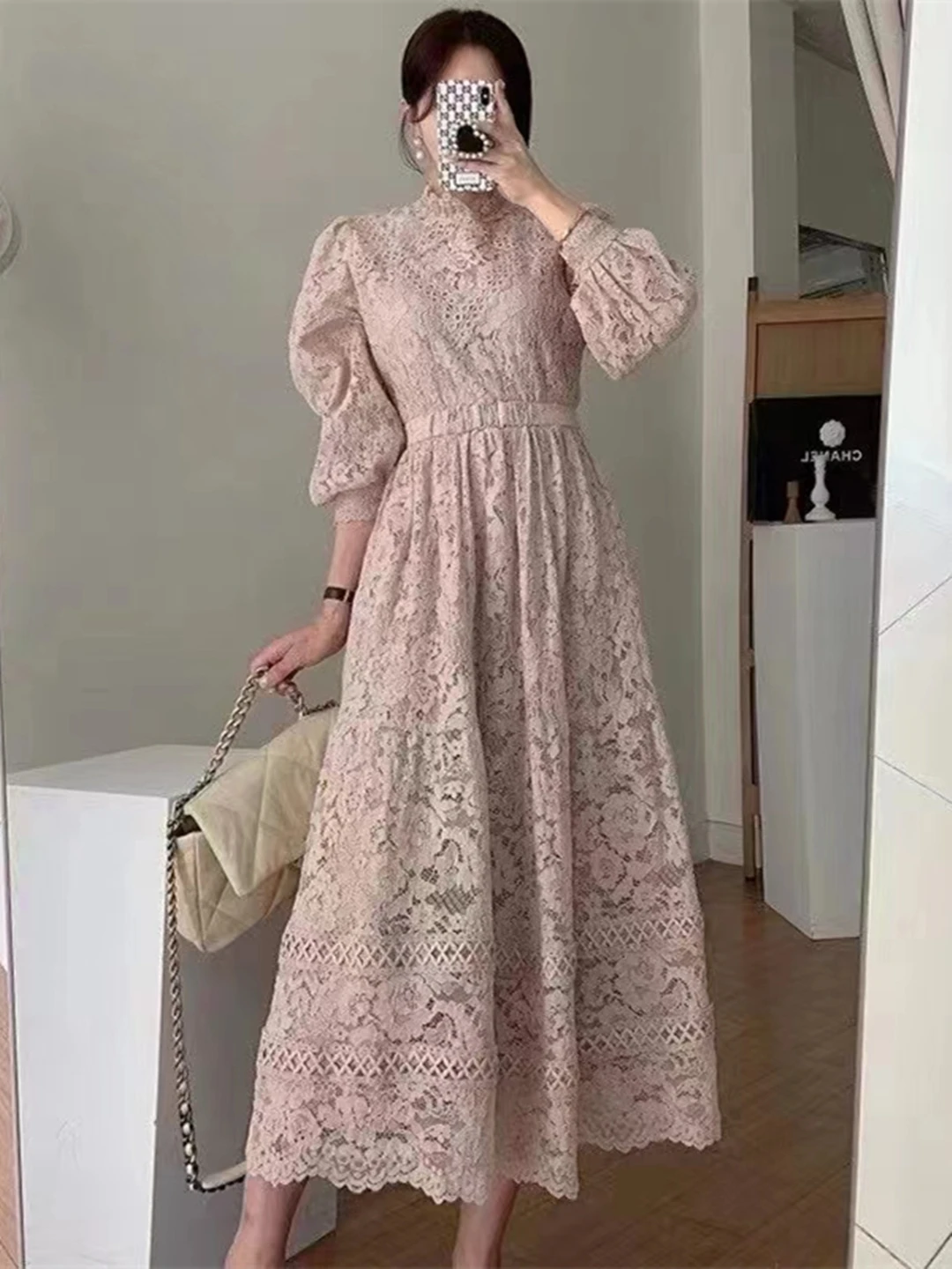 2024 New Spring Autumn Women Stand Collar Long Sleeve Belt Slim Long Dress High Quality Elegant Retro Floral Lace Runway Dress