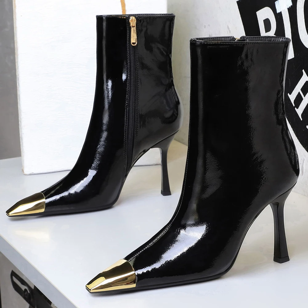 BIGTREE Shoes Patent Leather Women Boots Sexy Metal Pointed Leather Boots Side Zipper Ankle Boots Stiletto High-heeled Boots