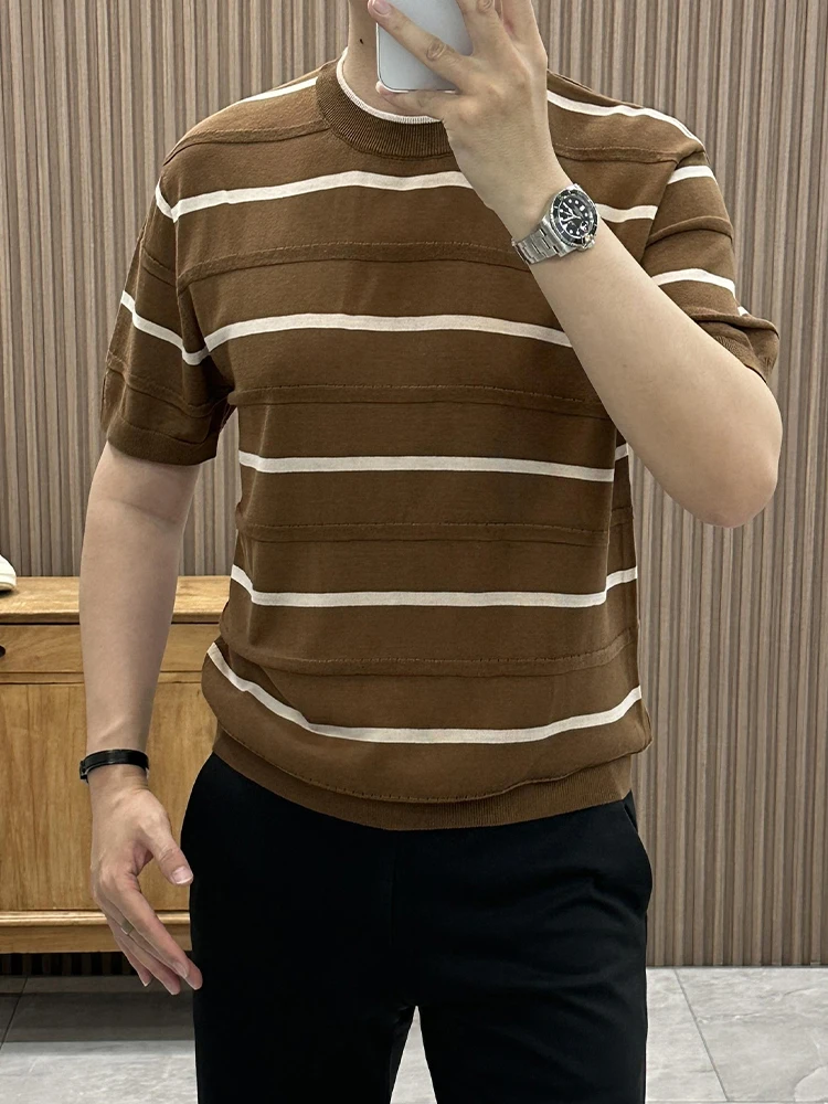 

Men's Knitted Stripe T-Shirt Short Sleeve round Neck Breathable Lightweight Summer Fashion Luxury Half Sleeve Elastic T-Shirt