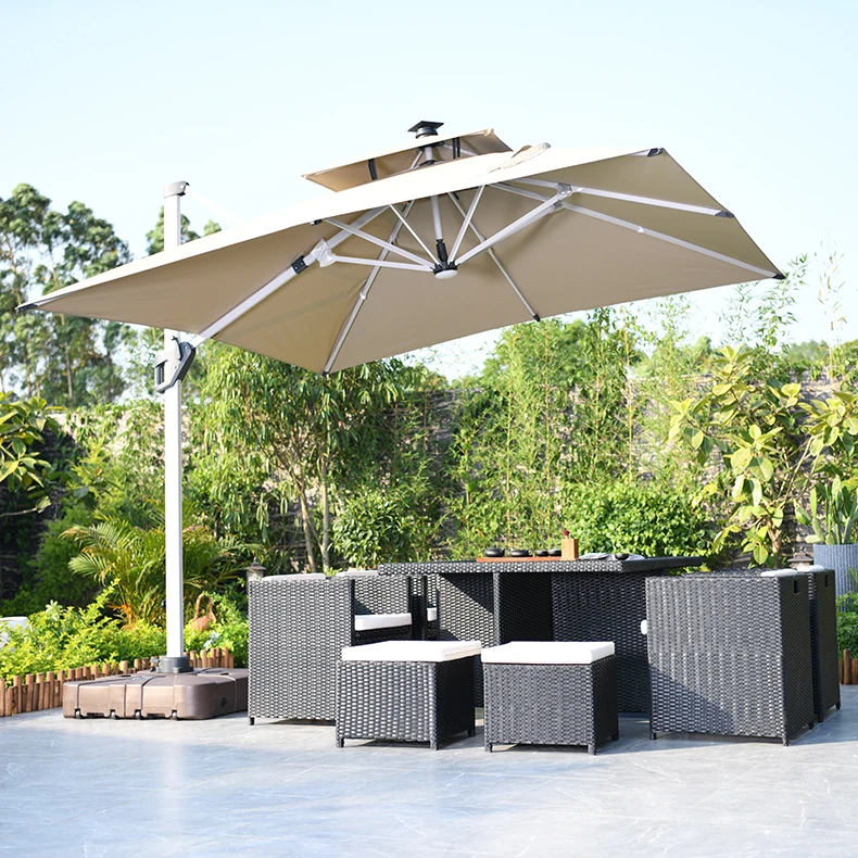 

Top Quality Outdoor Parasol Sunbrellas Fabric Roof 10ft Square 3*3m Offset Cantilever Patio Umbrella Led Light