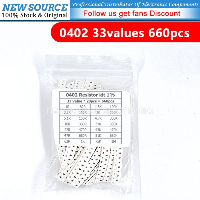 660pcs Set of Resistors 0402 SMD 1% Resistor Assorted Kit 1R -1M Ohm 33valuesX 20pcs Sample Resistance 47 100 330 470 R K Stock