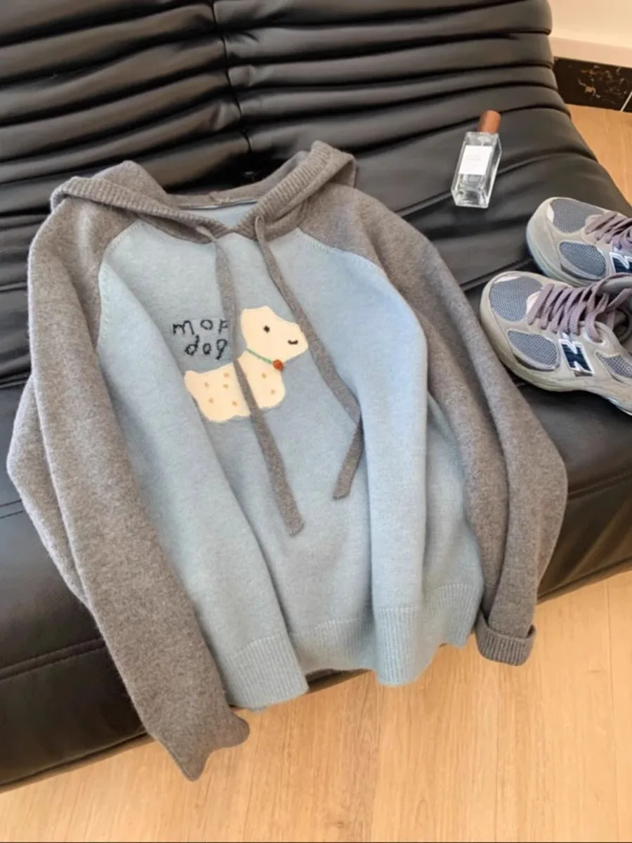 

Women Color Blocking Hooded Sweater Autumn Winter Cartoon Preppy Style Long-Sleeved Korean Style Loose Casual Pullover Hoodies