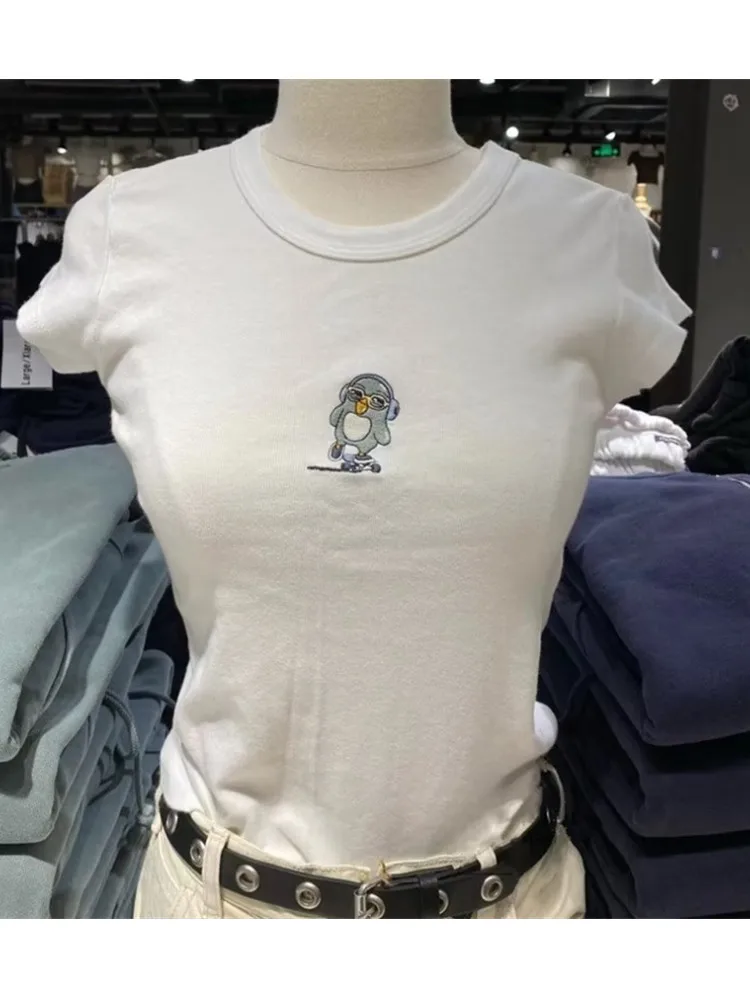 

Casual Women Cotton Penguin Embroidery Tees Summer Vintage Round Neck Slim Short Sleeve Tees Female Chic Cute Crop Top 2023 New