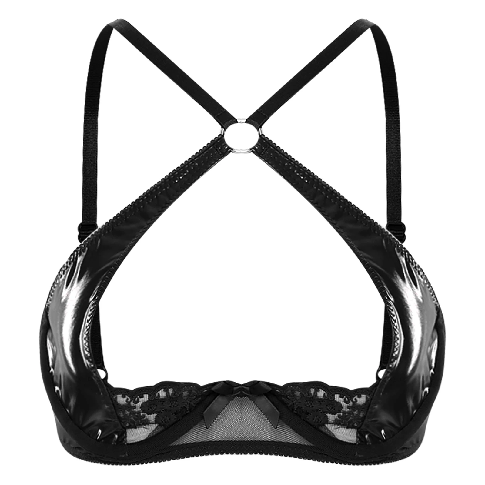 

Women Lingerie Hollow-out Push-up Bra Tops PU And Embroidered Lace Crisscross O-ring Linked Balconette for Dating Nightwear