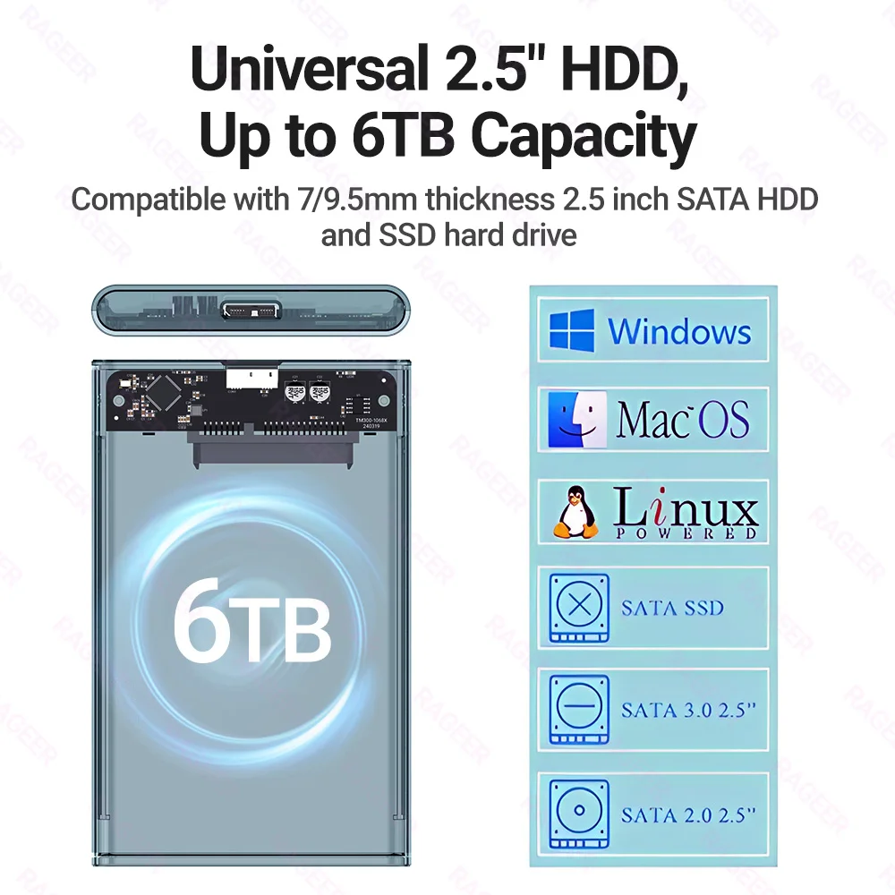 RAGEER Werkzeugloses, transparentes graues 2,5-Zoll-Externes Festplattengehäuse USB auf SATA III 5 Gbit/s Festplattengehäuse für 7 mm/9,5-mm-Laufwerke mit UASP