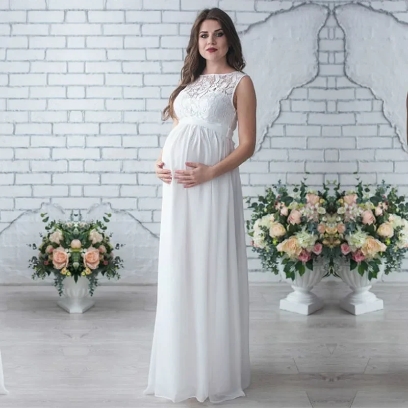 New maternity lace chiffon wedding dress, maternity round neck sleeveless dress, maternity photography prop suit