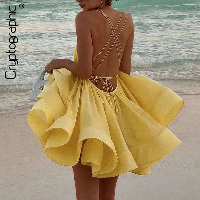 

Cryptographic Fashion A-Line Sexy Backless Mini Dress Sleeveless Summer Beachwear Outfits for Women V Neck Bandage Sun Dresses