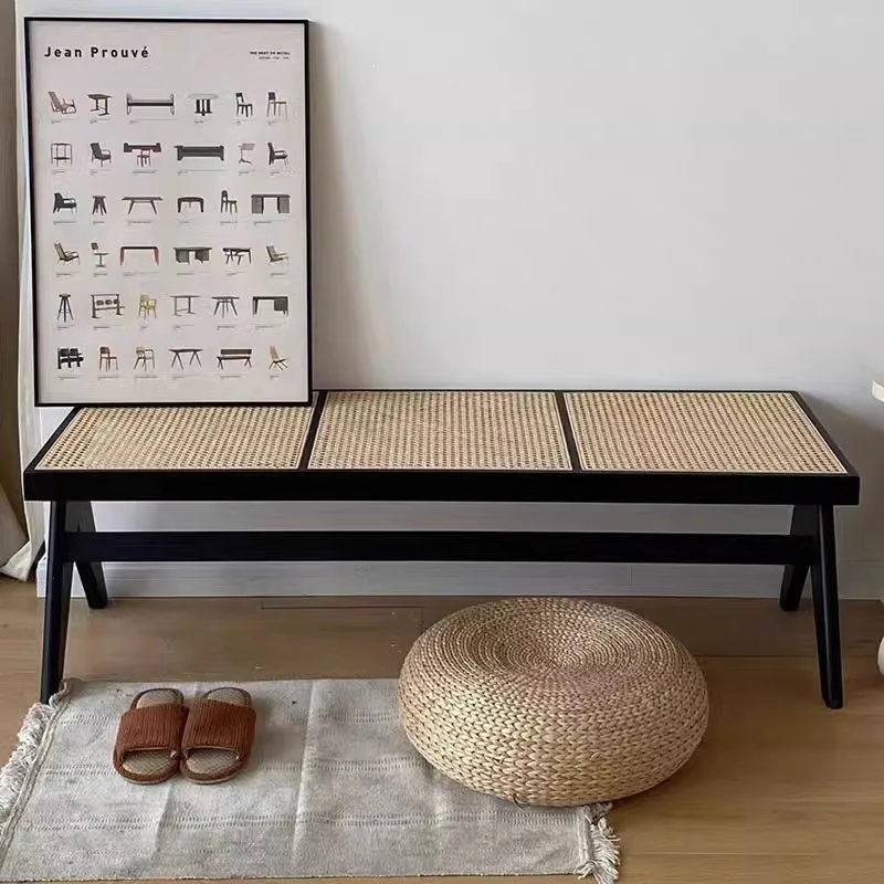 rattan bench, Nordic solid wood house silent wind shoe changing stool, rattan double-layer rattan surface single double