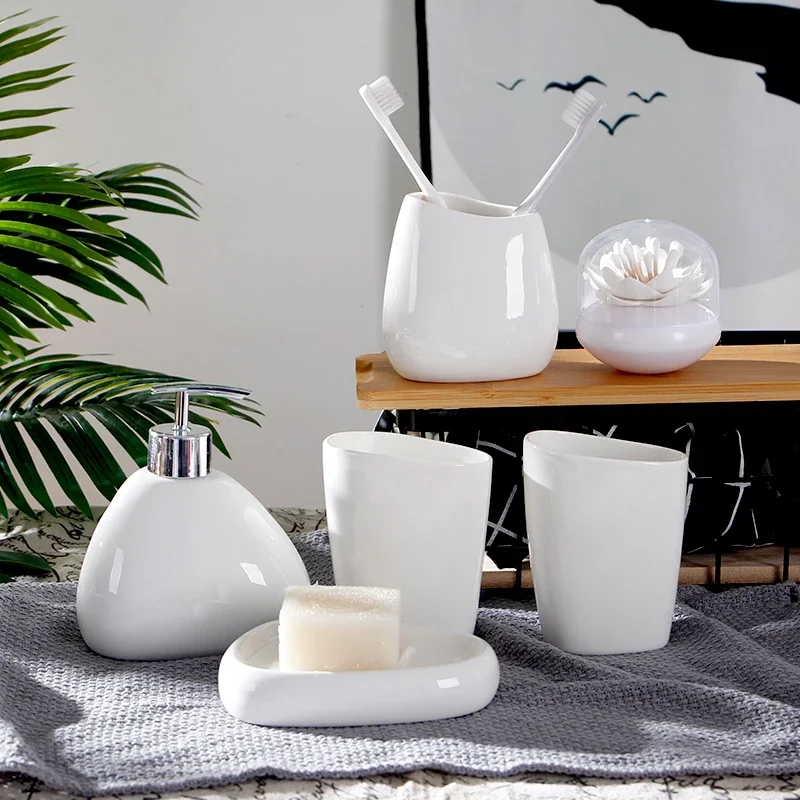 White Ceramic Bathroom Accessories Set/Toothbrush Holder /Soap Dispenser/Wedding Gift/Melamine tray/Toothpick Holder/Cotton Swab