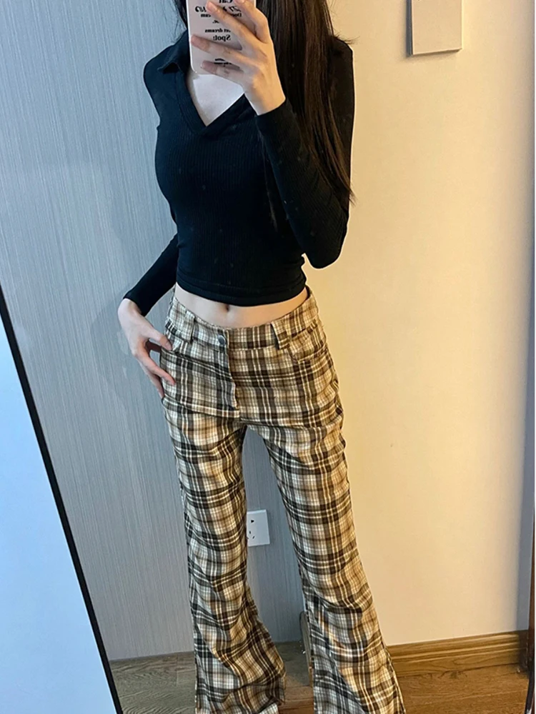 Women Korean Fashion Plaid Flare Long Trousers Bell Bottom Grunge Slim Pants Gyaru Y2k Japanese Streetwear 2000s Aesthetic Retro