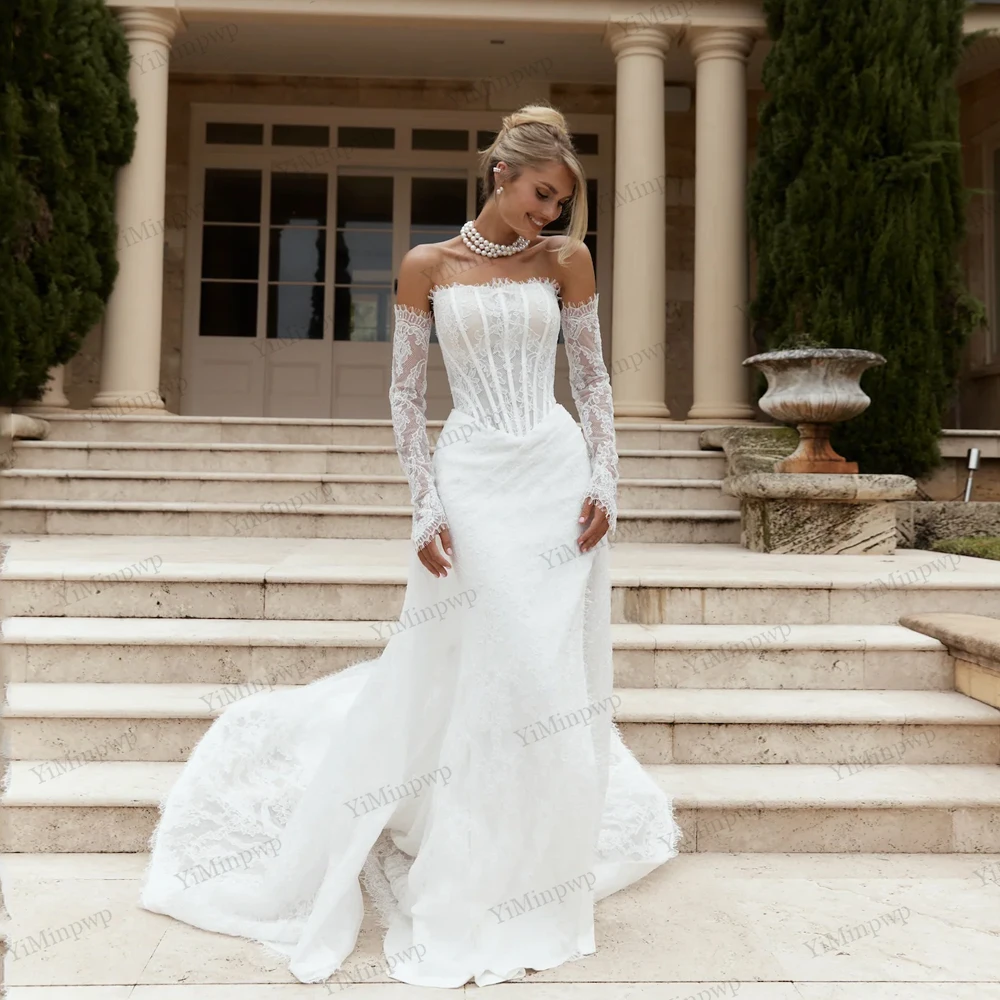 

Lace Wedding Dresses for Women Mermaid Strapless Detachable Train Long Sleeve Bridal Dress Vestido De Novia 2025 Customised