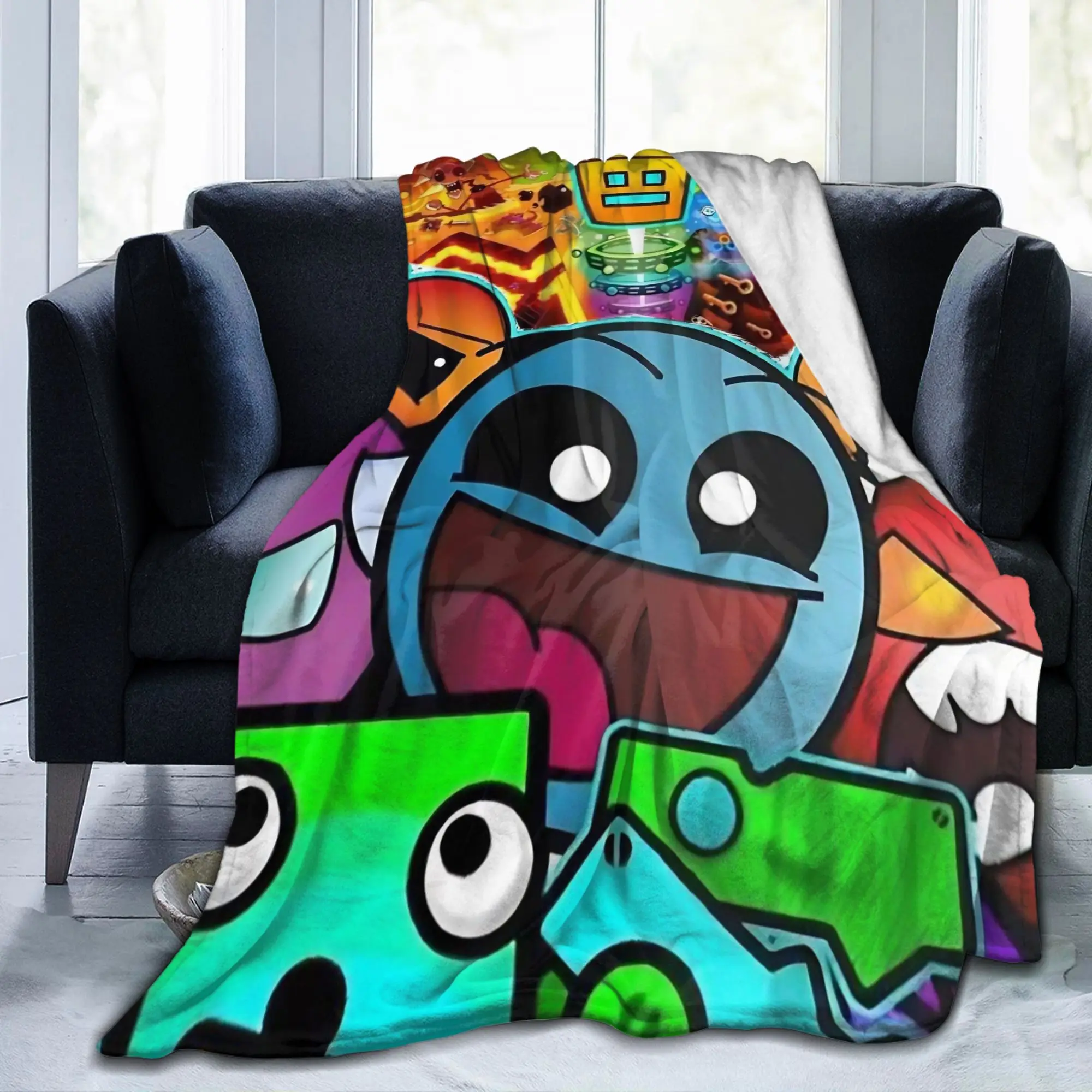 Geometry Icon Face Dashes Game Knitted Blankets Cartoon Fleece Throw Blanket Bedding Decoration Soft Bedspread Multi-function