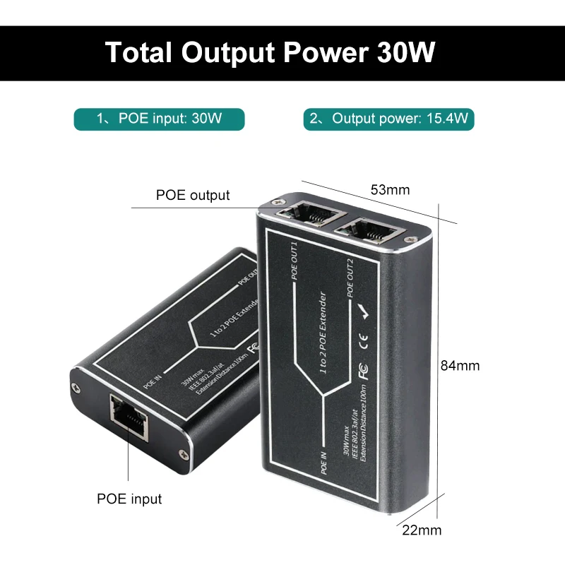 1 to 2 Port POE Extender 10/100/1000Mbps IEEE 802.3af/at Standard 48V for NVR IP Camera POE Extend 100 meters for POE range